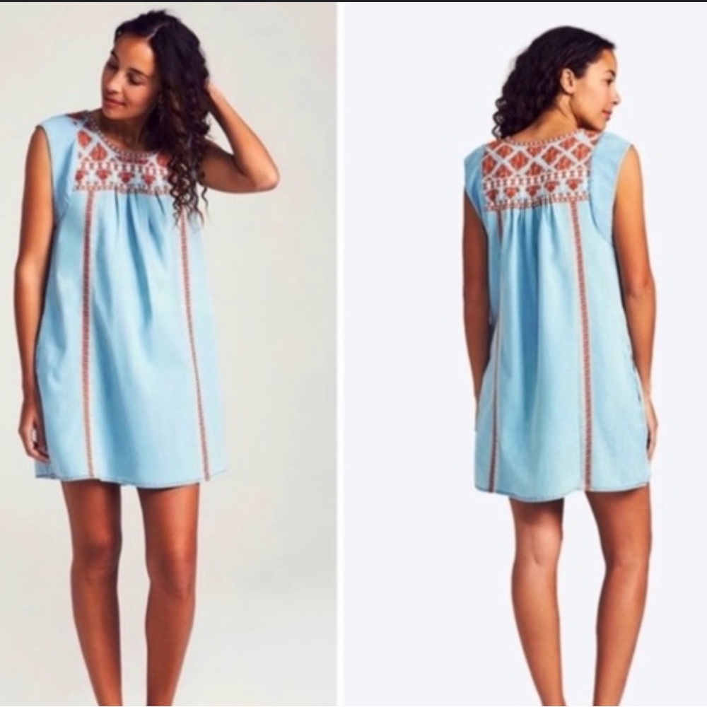Faherty Chambray Blue White Orange Queenie Dress NWT
